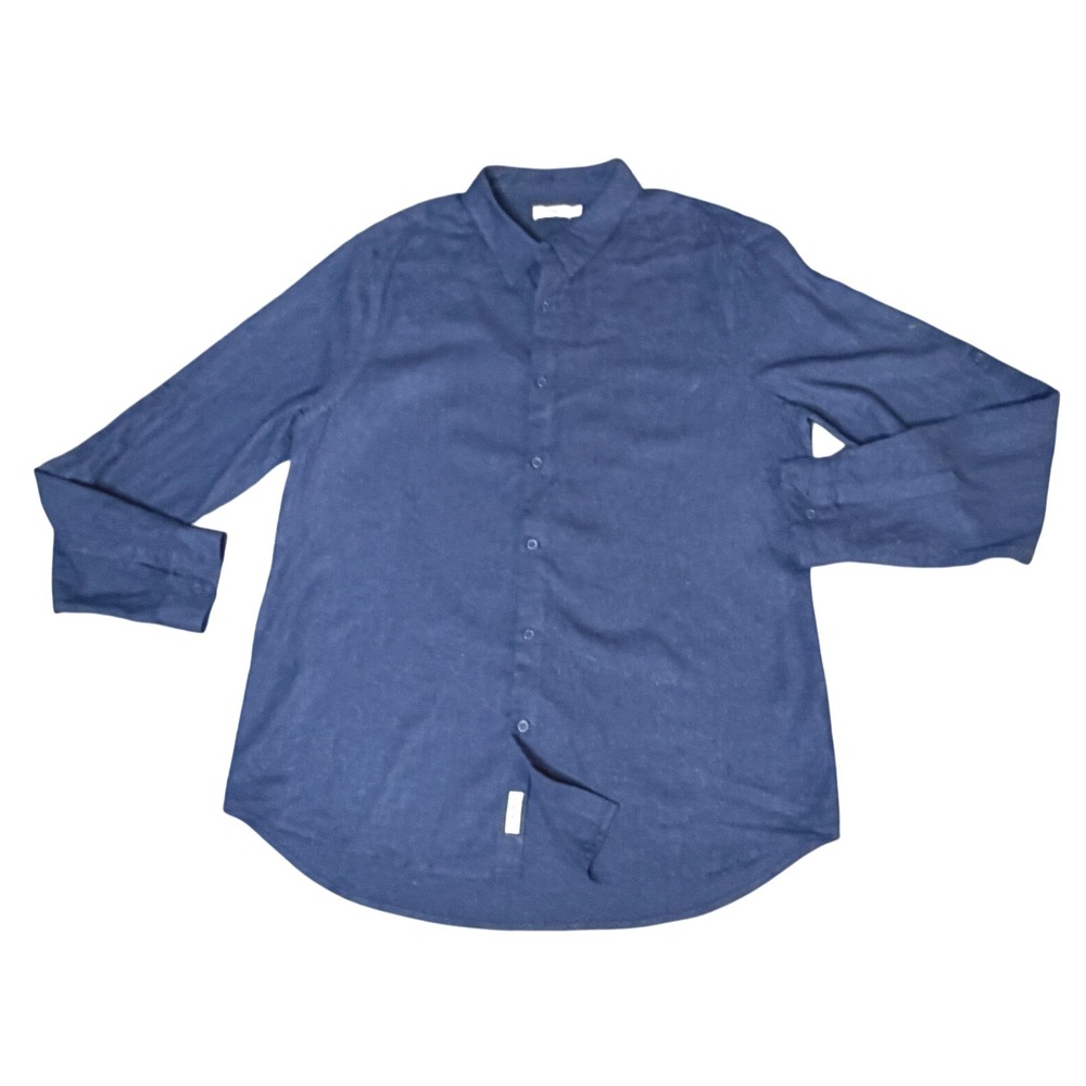 ONIA Men's Navy Blue Linen Viscose Blend Long Sleeve Button Down Shirt L Casual